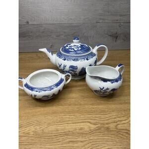 Johnson Brothers Willow Blue Teapot Cream Sugar Bowl ~3 Pc Set
